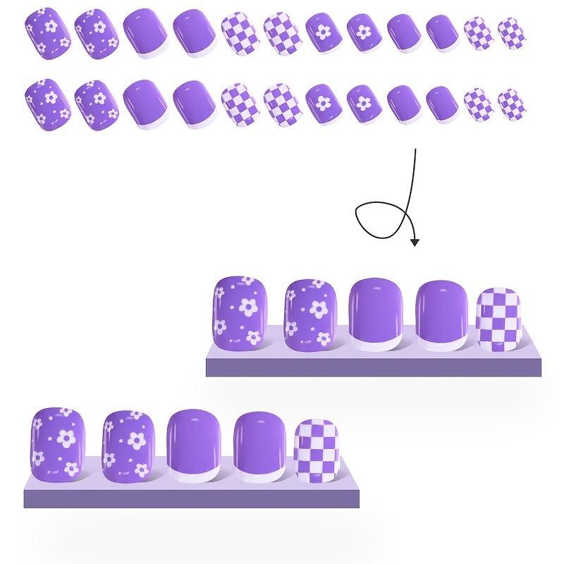 Purple Checkerboard and Flower Press On Nails