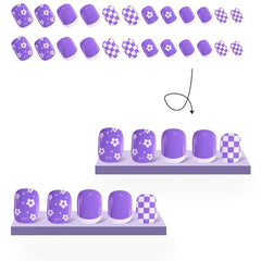Purple Checkerboard and Flower Press On Nails