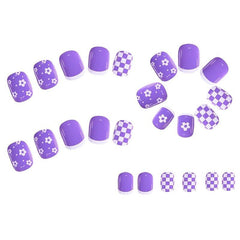 Purple Checkerboard and Flower Press On Nails