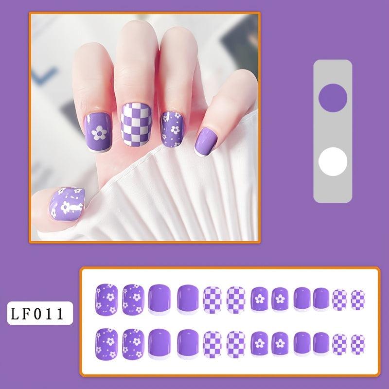 Purple Checkerboard and Flower Press On Nails