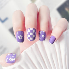 Purple Checkerboard and Flower Press On Nails