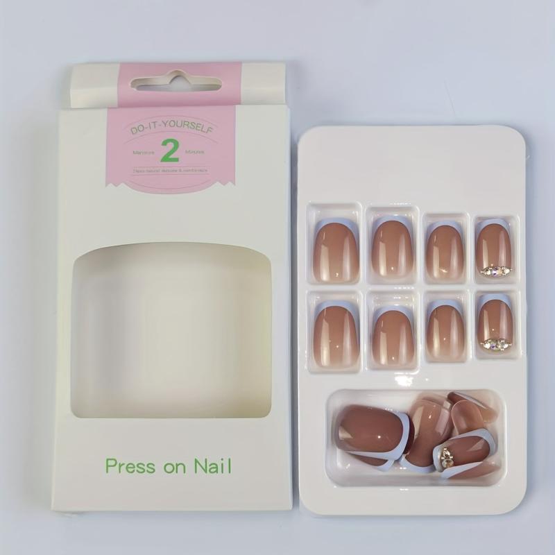 24pcs Rhinestone Frosted Pink French Press On Nails Matte False Nails for Women
