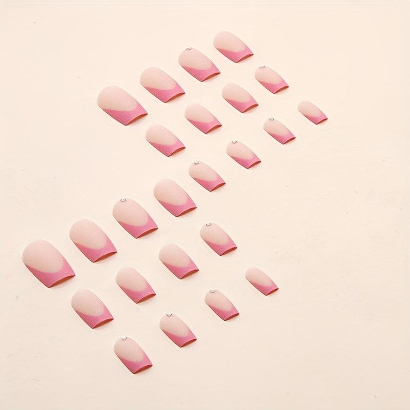 24pcs Rhinestone Frosted Pink French Press On Nails Matte False Nails for Women