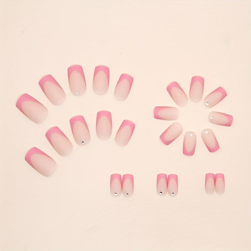 24pcs Rhinestone Frosted Pink French Press On Nails Matte False Nails for Women