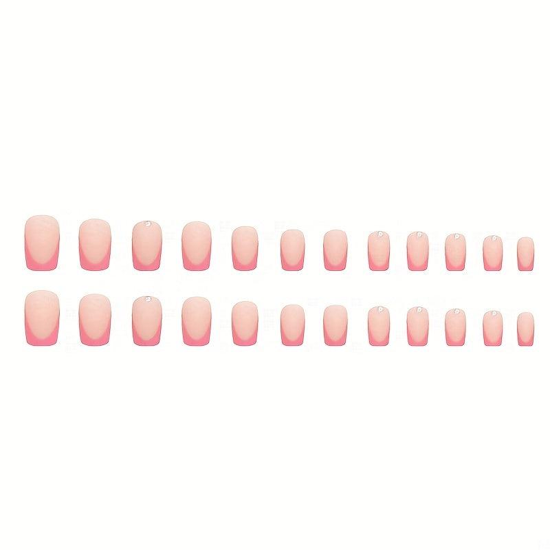 24pcs Rhinestone Frosted Pink French Press On Nails Matte False Nails for Women