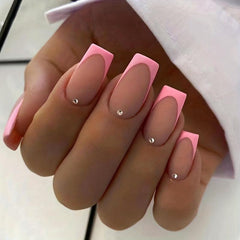 24pcs Rhinestone Frosted Pink French Press On Nails Matte False Nails for Women