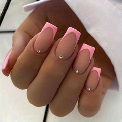 24pcs Rhinestone Frosted Pink French Press On Nails Matte False Nails for Women