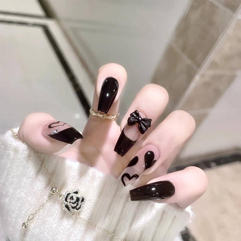 24 Pcs Bowknot Press On Nails Tape On Nails For Women And Girls