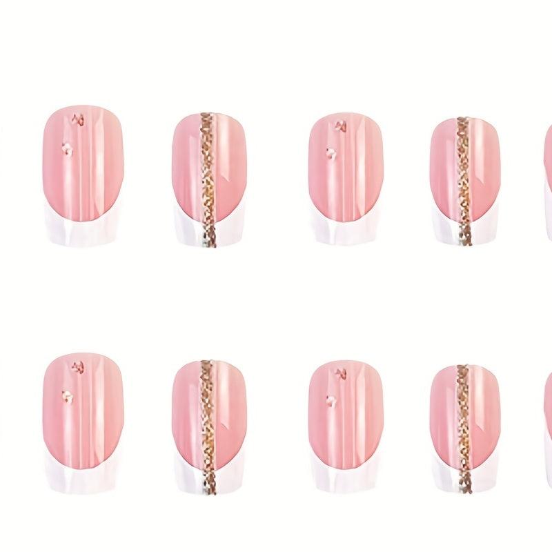 24pcs Golden Glitter Swirls French Tip Press On Nails Square Acrylic Nails