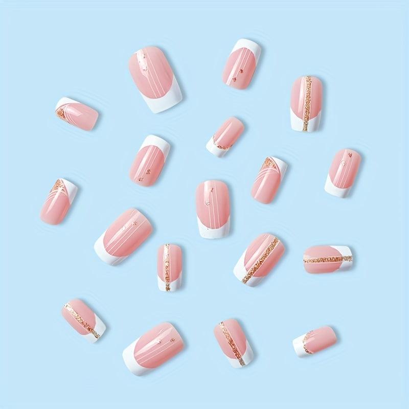 24pcs Golden Glitter Swirls French Tip Press On Nails Square Acrylic Nails