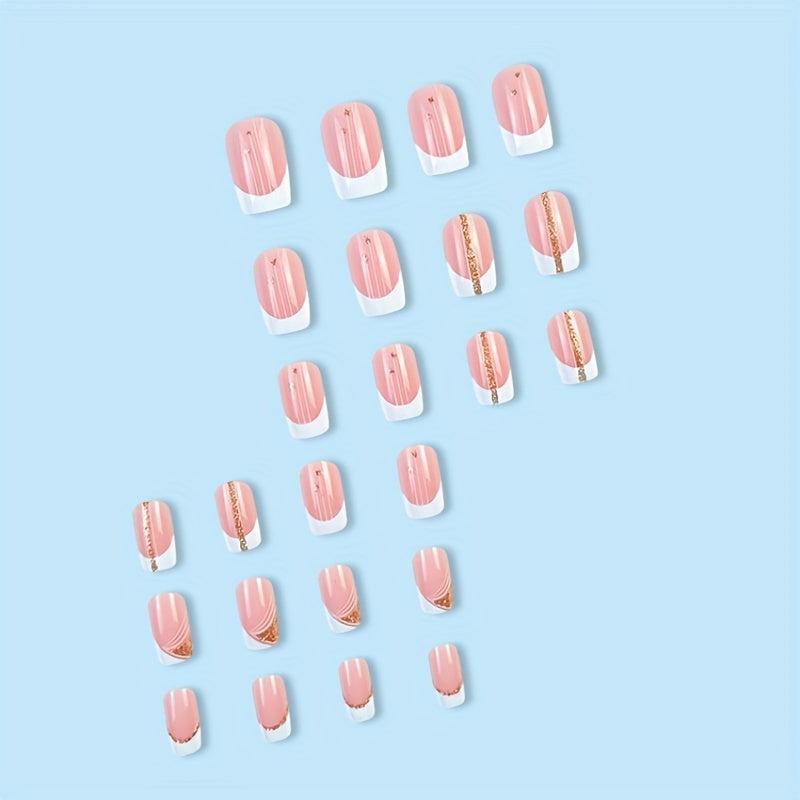 24pcs Golden Glitter Swirls French Tip Press On Nails Square Acrylic Nails
