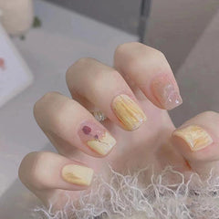 24pcs Press On Nail False Nails Short Pink Yellow Tulip Flower Nail Enhancement