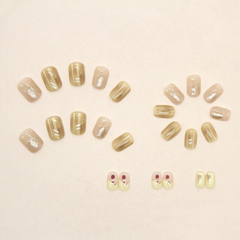 24pcs Press On Nail False Nails Short Pink Yellow Tulip Flower Nail Enhancement