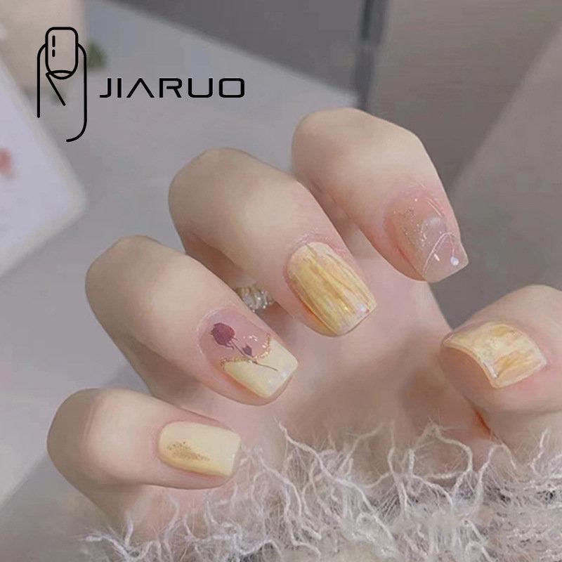 24pcs Press On Nail False Nails Short Pink Yellow Tulip Flower Nail Enhancement