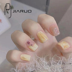 24pcs Press On Nail False Nails Short Pink Yellow Tulip Flower Nail Enhancement