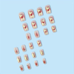 Pink Square Press On Nails with Heart and Gem Glossy Stick On Nails