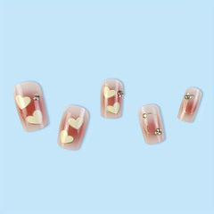Pink Square Press On Nails with Heart and Gem Glossy Stick On Nails