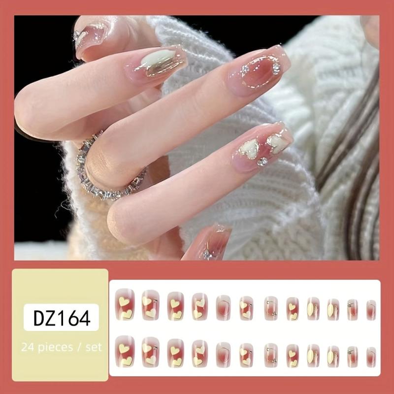Pink Square Press On Nails with Heart and Gem Glossy Stick On Nails