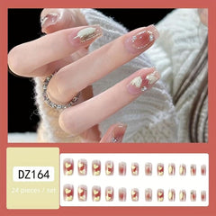 Pink Square Press On Nails with Heart and Gem Glossy Stick On Nails