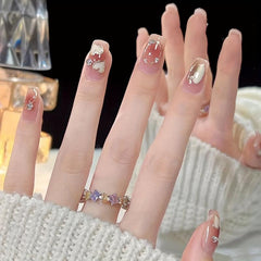 Pink Square Press On Nails with Heart and Gem Glossy Stick On Nails
