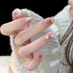 Pink Square Press On Nails with Heart and Gem Glossy Stick On Nails