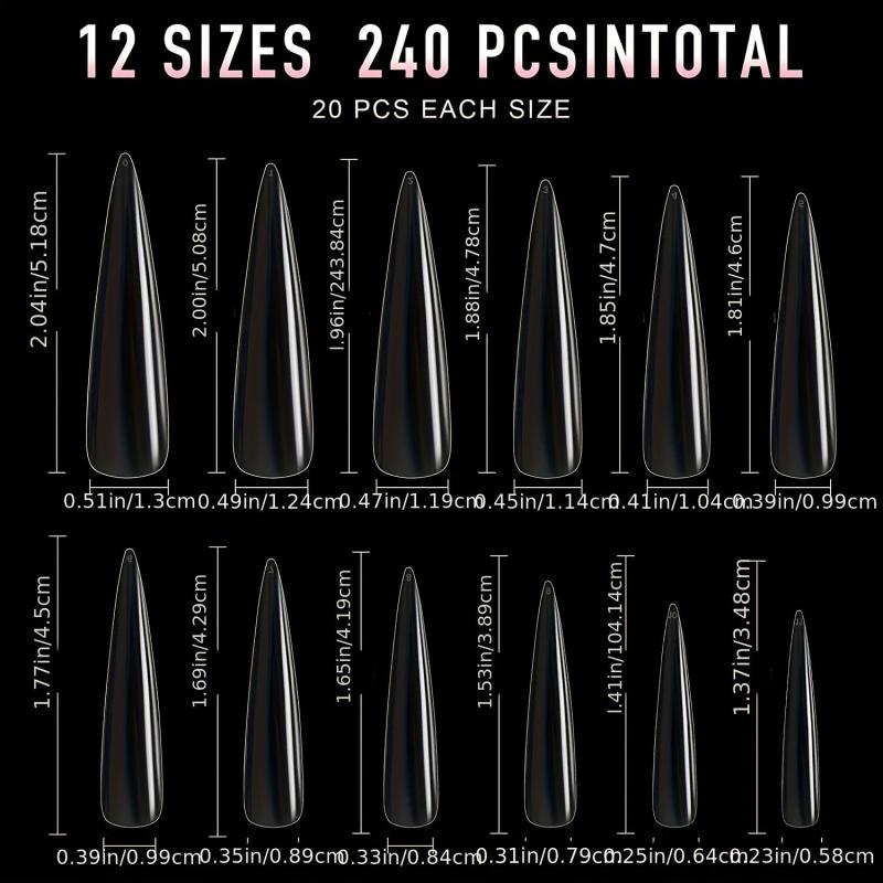 240pcs Clear Stiletto Gel Nail Tips Acrylic Extra Long False Nail Extension