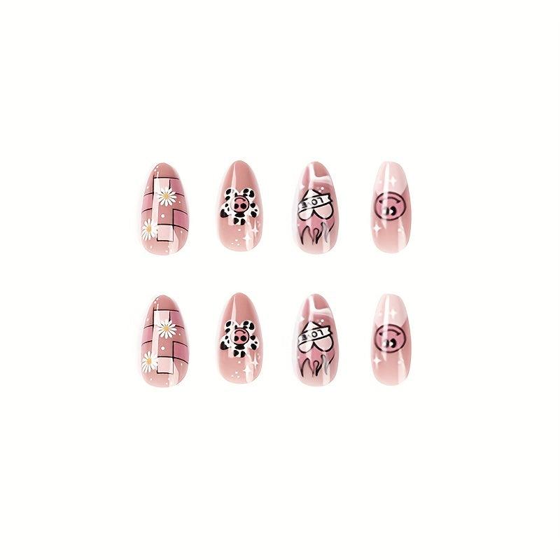 Y2K Almond Press On Nails 24 pcs with Sunflower and Flame Designs