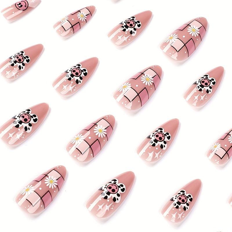 Y2K Almond Press On Nails 24 pcs with Sunflower and Flame Designs