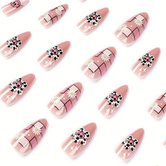 Y2K Almond Press On Nails 24 pcs with Sunflower and Flame Designs