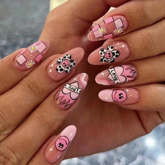 Y2K Almond Press On Nails 24 pcs with Sunflower and Flame Designs