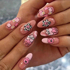 Y2K Almond Press On Nails 24 pcs with Sunflower and Flame Designs