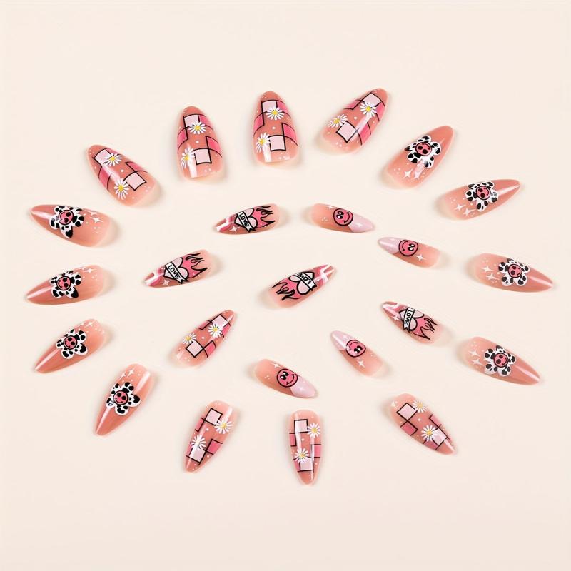 24 Pcs Almond Shaped Press On Nails Sunflower Smiley Flame Designs Medium Size