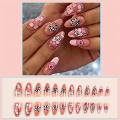 24 Pcs Almond Shaped Press On Nails Sunflower Smiley Flame Designs Medium Size