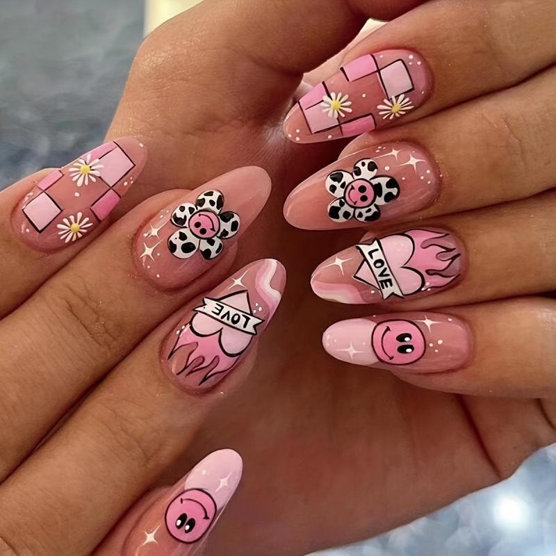 24 Pcs Almond Shaped Press On Nails Sunflower Smiley Flame Designs Medium Size