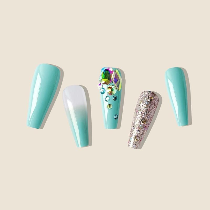 24pcs Colorful Rhinestone French Tip Press On Nails with Glitter Gems