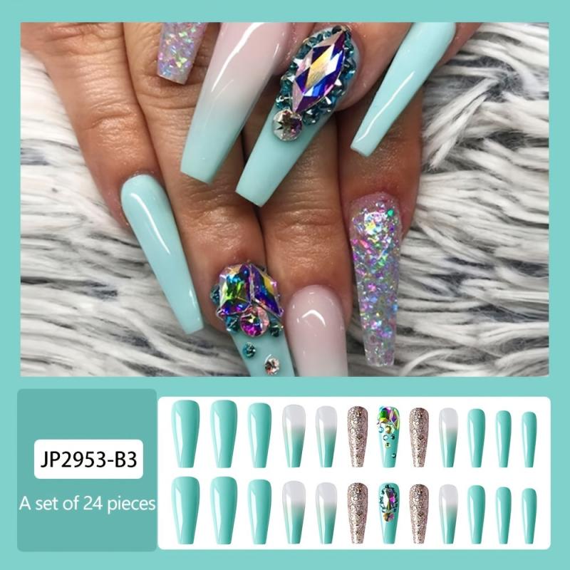 24pcs Colorful Rhinestone French Tip Press On Nails with Glitter Gems