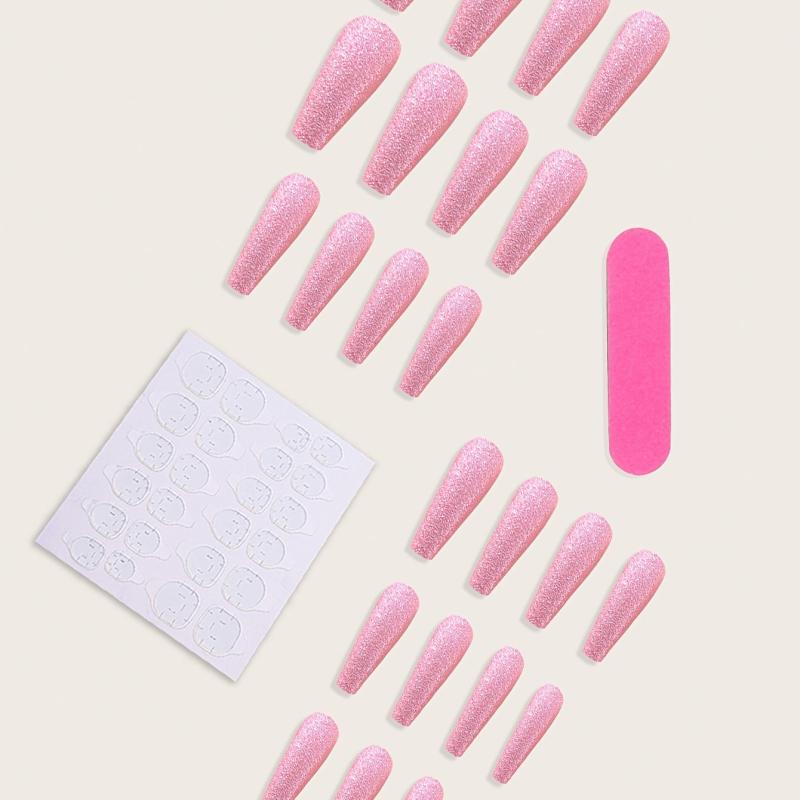 24 pcs Glitter Pink Press On Nails Long Coffin French Tips for Women and Girls