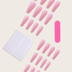 24 pcs Glitter Pink Press On Nails Long Coffin French Tips for Women and Girls