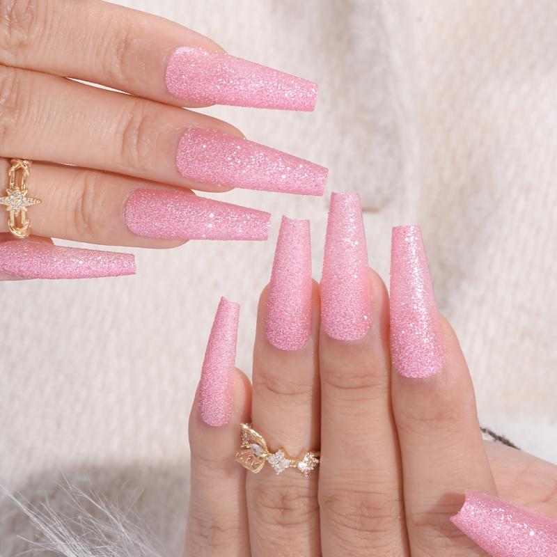 24 pcs Glitter Pink Press On Nails Long Coffin French Tips for Women and Girls