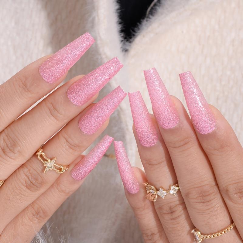 24 pcs Glitter Pink Press On Nails Long Coffin French Tips for Women and Girls