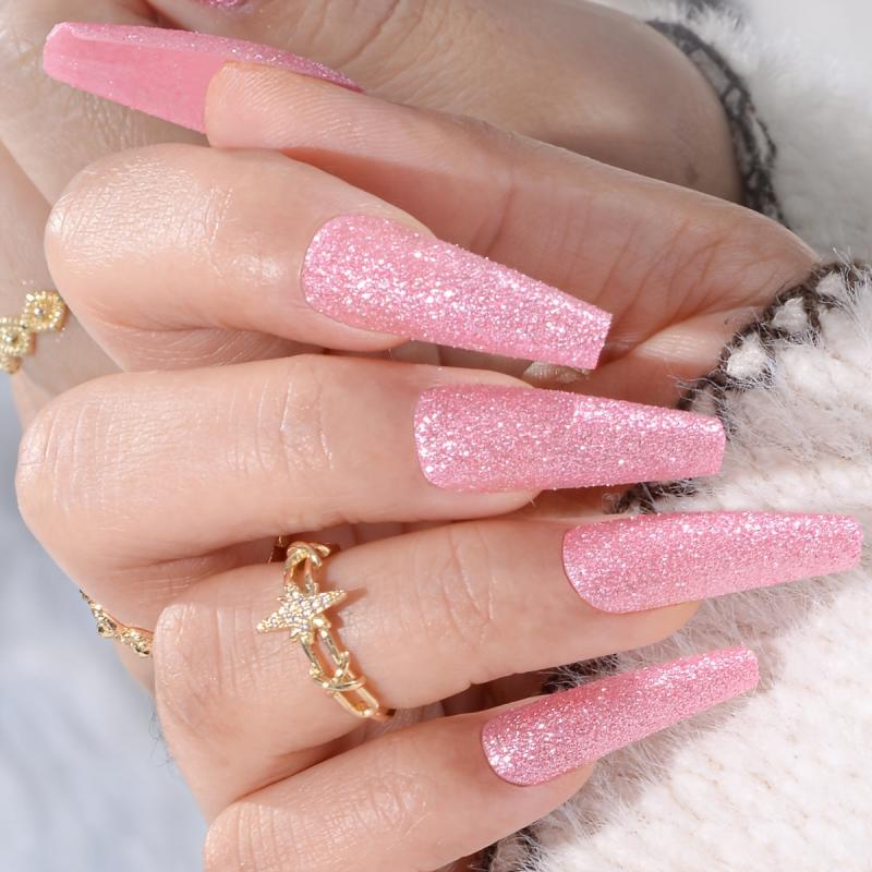 24 pcs Glitter Pink Press On Nails Long Coffin French Tips for Women and Girls