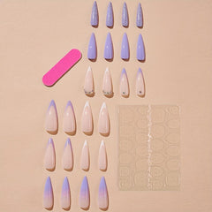 24pcs Long Stiletto Almond Press On Nail Purple Pink French Ombre Glitter Rhines