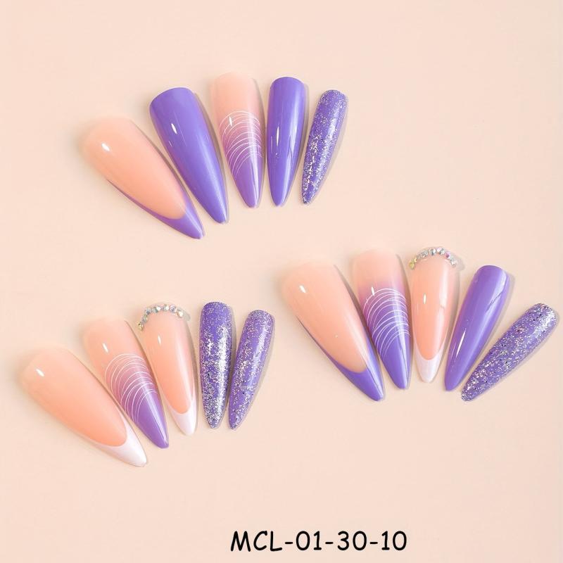 24pcs Long Stiletto Almond Press On Nail Purple Pink French Ombre Glitter Rhines