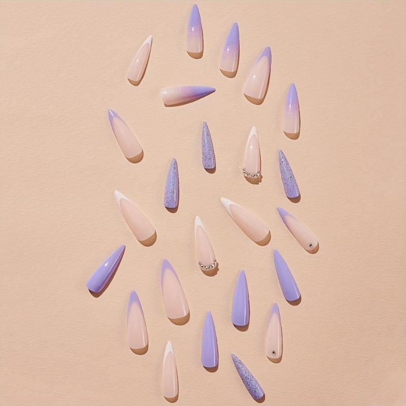24pcs Long Stiletto Almond Press On Nail Purple Pink French Ombre Glitter Rhines