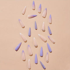 24pcs Long Stiletto Almond Press On Nail Purple Pink French Ombre Glitter Rhines