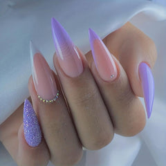24pcs Long Stiletto Almond Press On Nail Purple Pink French Ombre Glitter Rhines