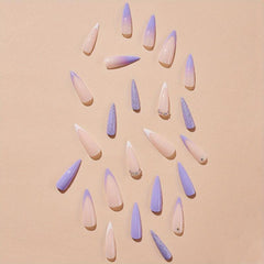 24pcs Long Stiletto Almond Press On Nail Purple Pink French Ombre Glitter Rhines