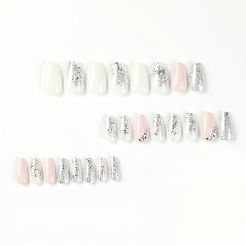 24 pcs Glossy Rhinestone Press On Nails Long Square Stylish Look