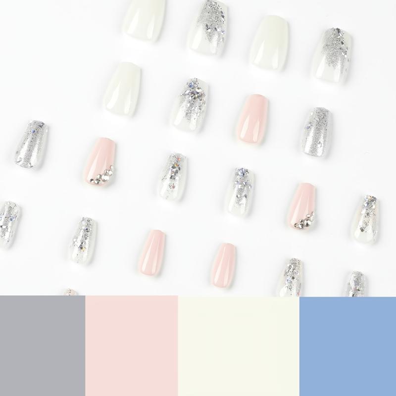 24 pcs Glossy Rhinestone Press On Nails Long Square Stylish Look