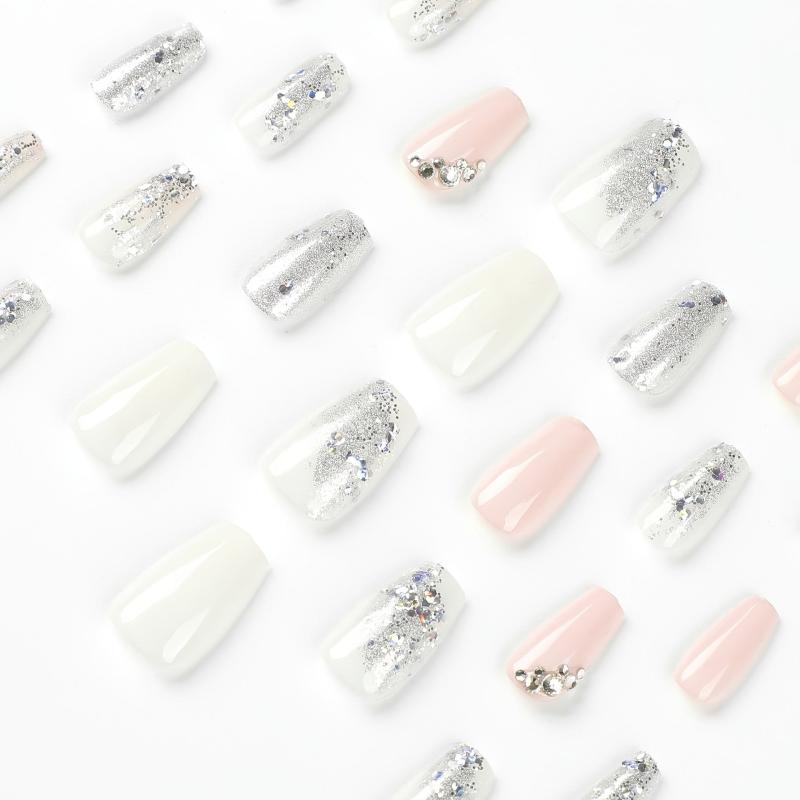 24 pcs Glossy Rhinestone Press On Nails Long Square Stylish Look